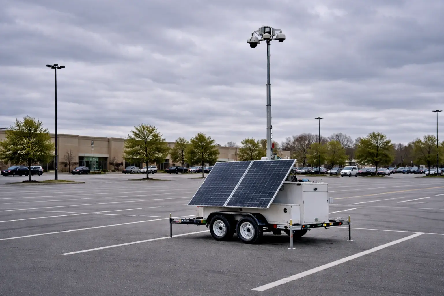 Remorque de surveillance mobile équipée de panneaux solaires, installée sur un parking.