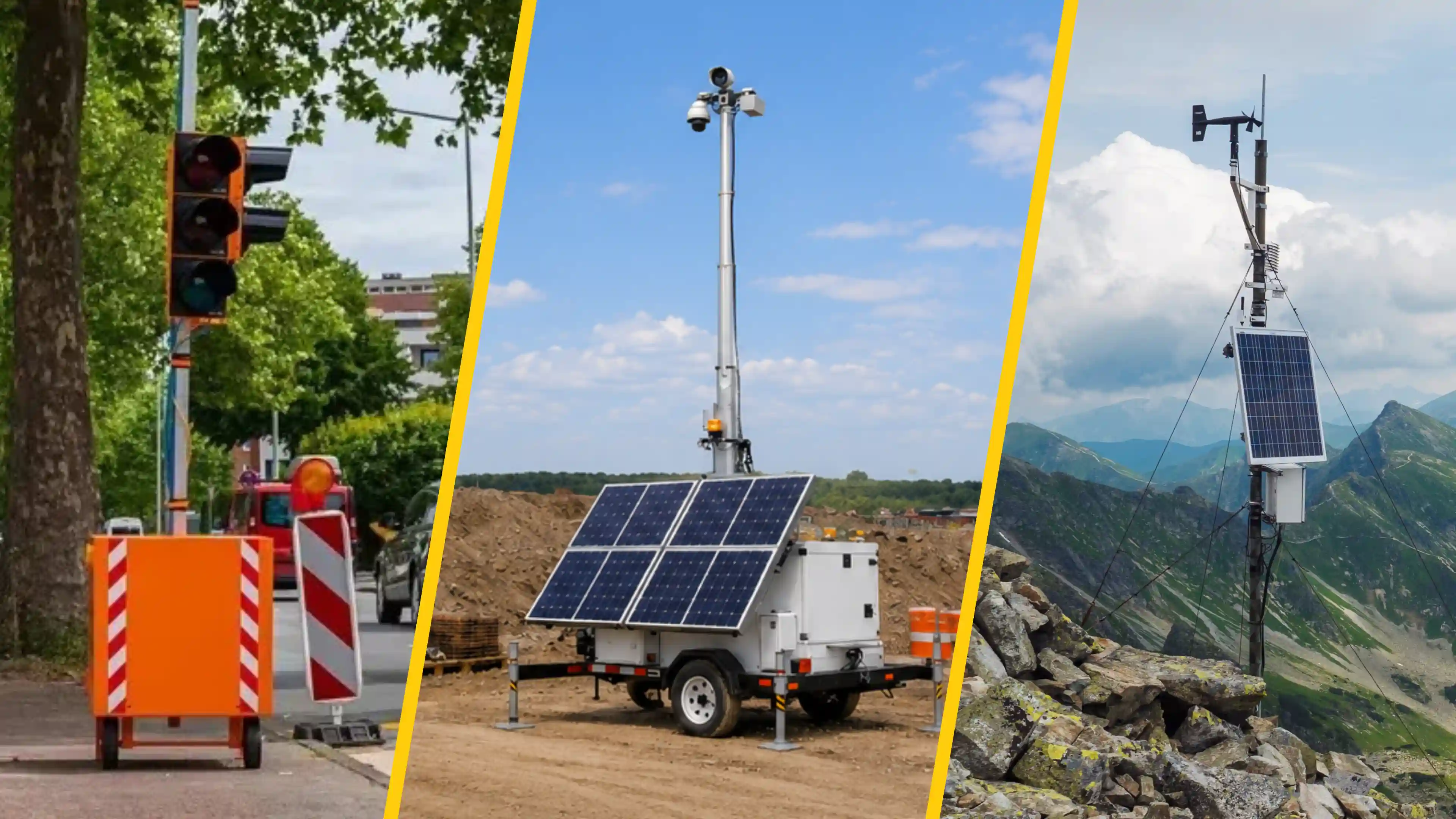 Collage showing off-grid applications across traffic management, surveillance, remote monitoring, and industrial infrastructure.