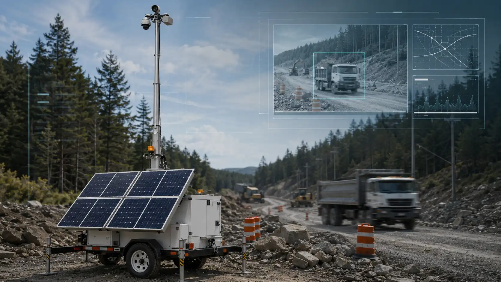 Mobile surveillance trailer with AI-enabled monitoring interface at a remote construction site.