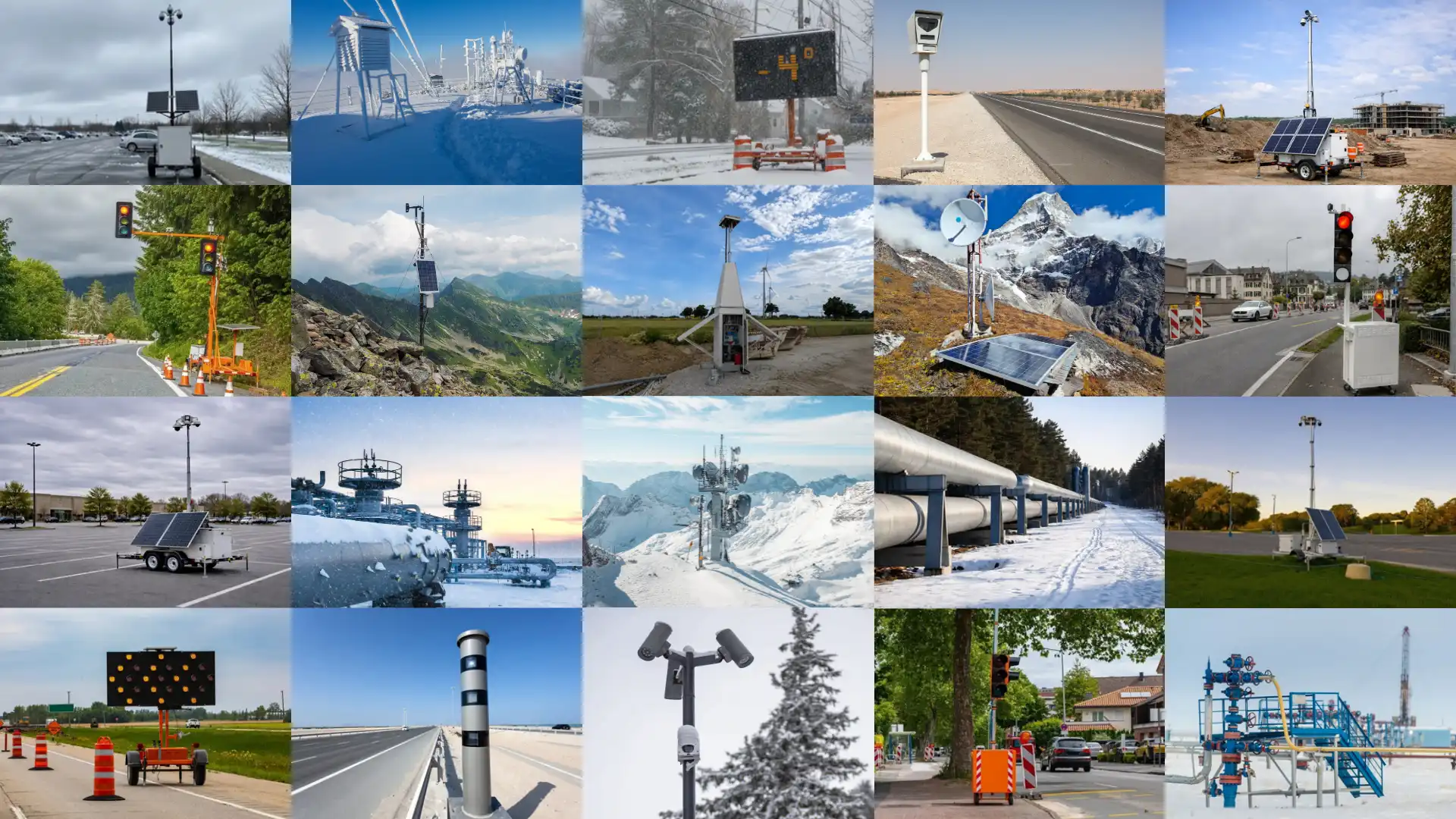 Collage of remote infrastructure applications including surveillance, traffic management, environmental monitoring, telecom, and oil and gas sites.