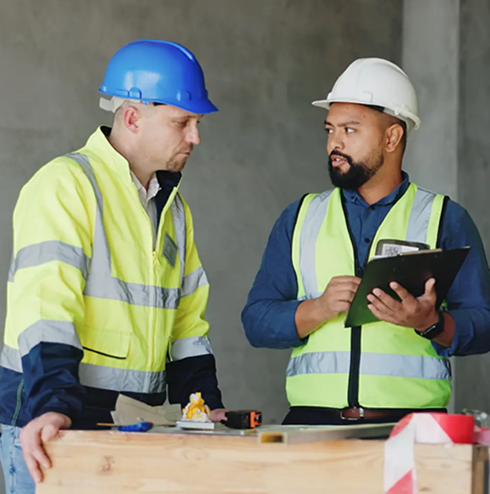 Safety consultants conducting workplace risk assessment and compliance review on a construction project.