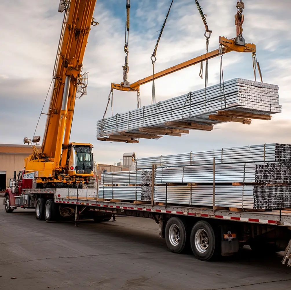 Mobile crane performing a critical lift, hoisting stacked metal beams onto a flatbed trailer during a planned heavy rigging operation.