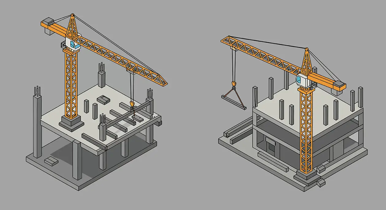 Technical illustration showing tower cranes performing critical lift planning and load placement on a multi-story building construction site.