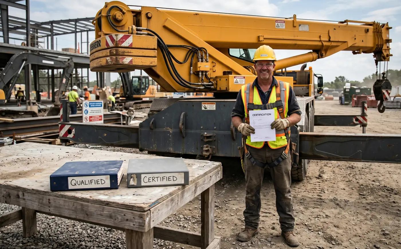 Crane operator at a construction site holding certification paperwork with labeled binders showing qualified vs certified training requirements for heavy equipment operators.