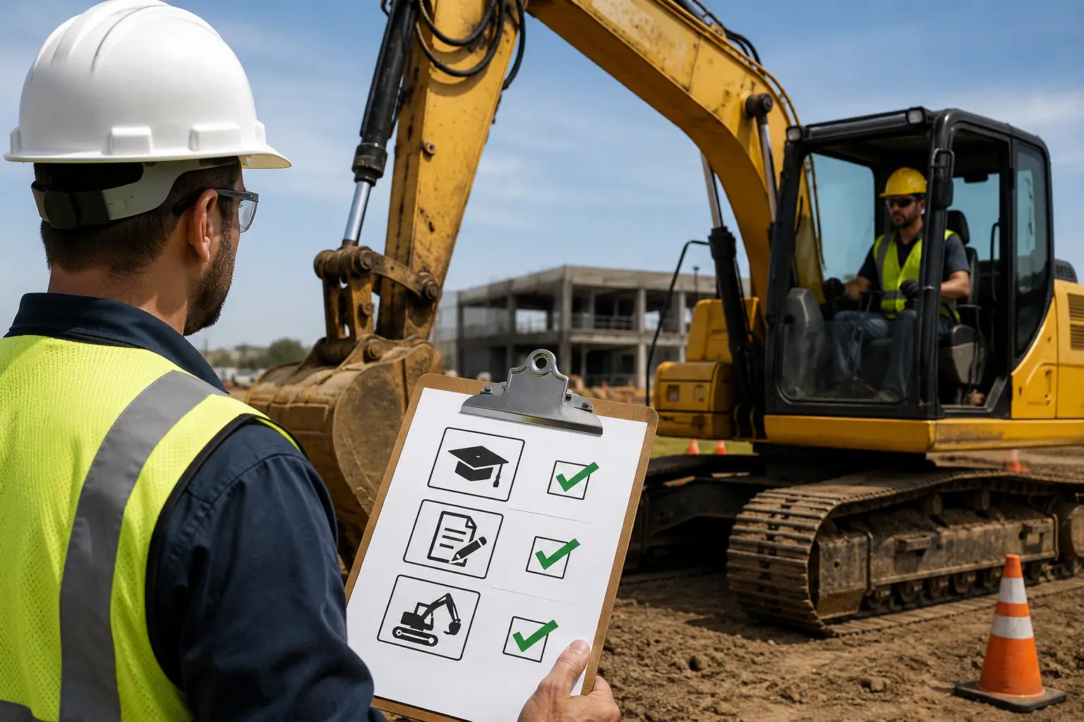 Construction supervisor in safety gear holding a checklist with training, documentation, and equipment operation checked, observing an excavator operator.