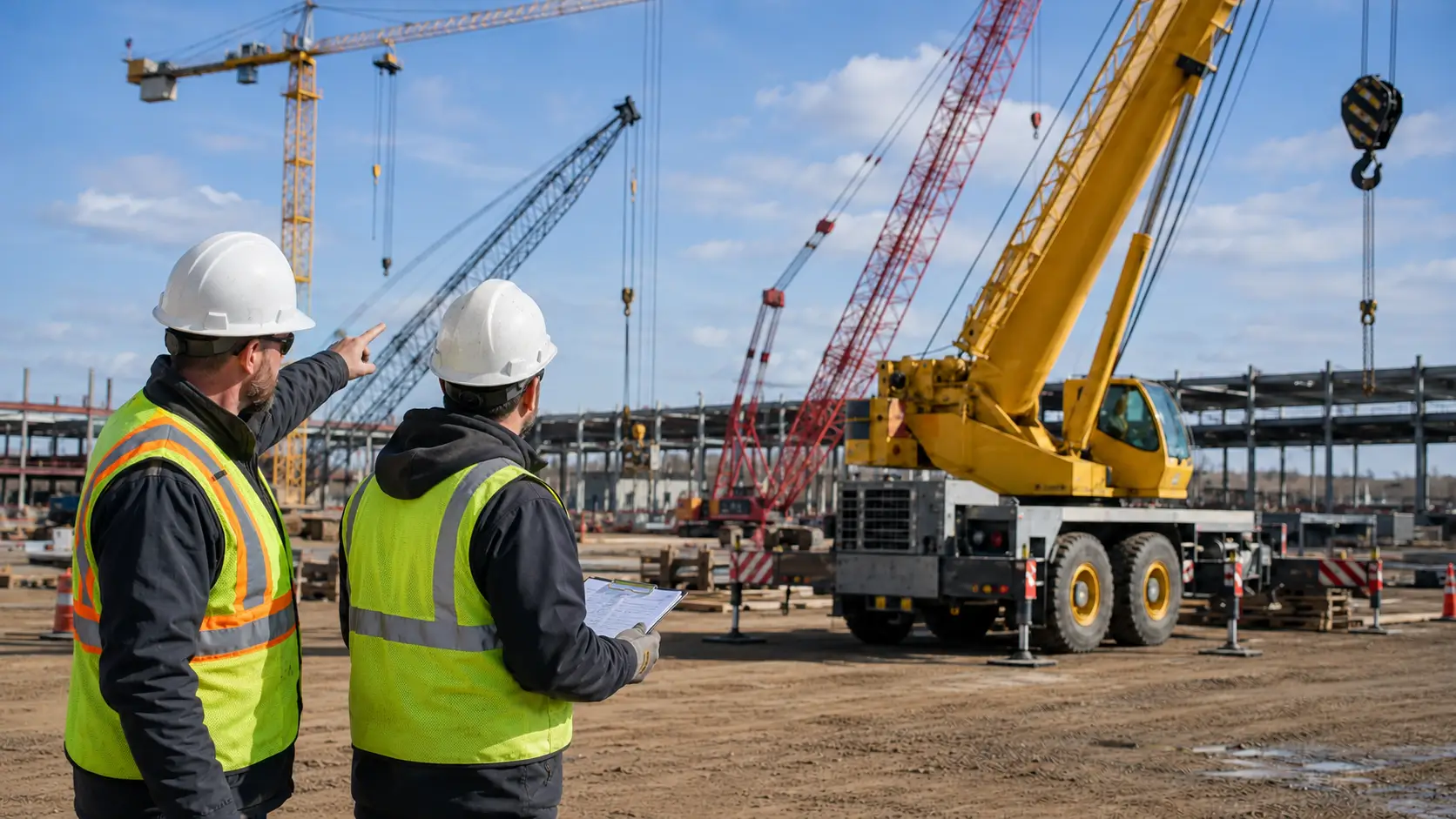 Two construction workers with helmets and vests oversee a site with multiple cranes and steel framing.