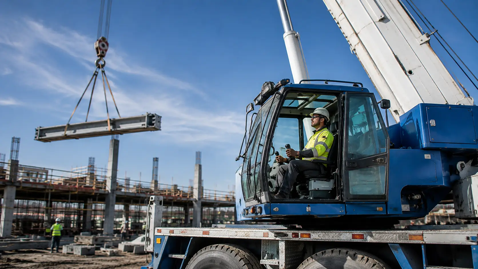 Construction worker operating a blue crane lifting a large steel beam on a building site.