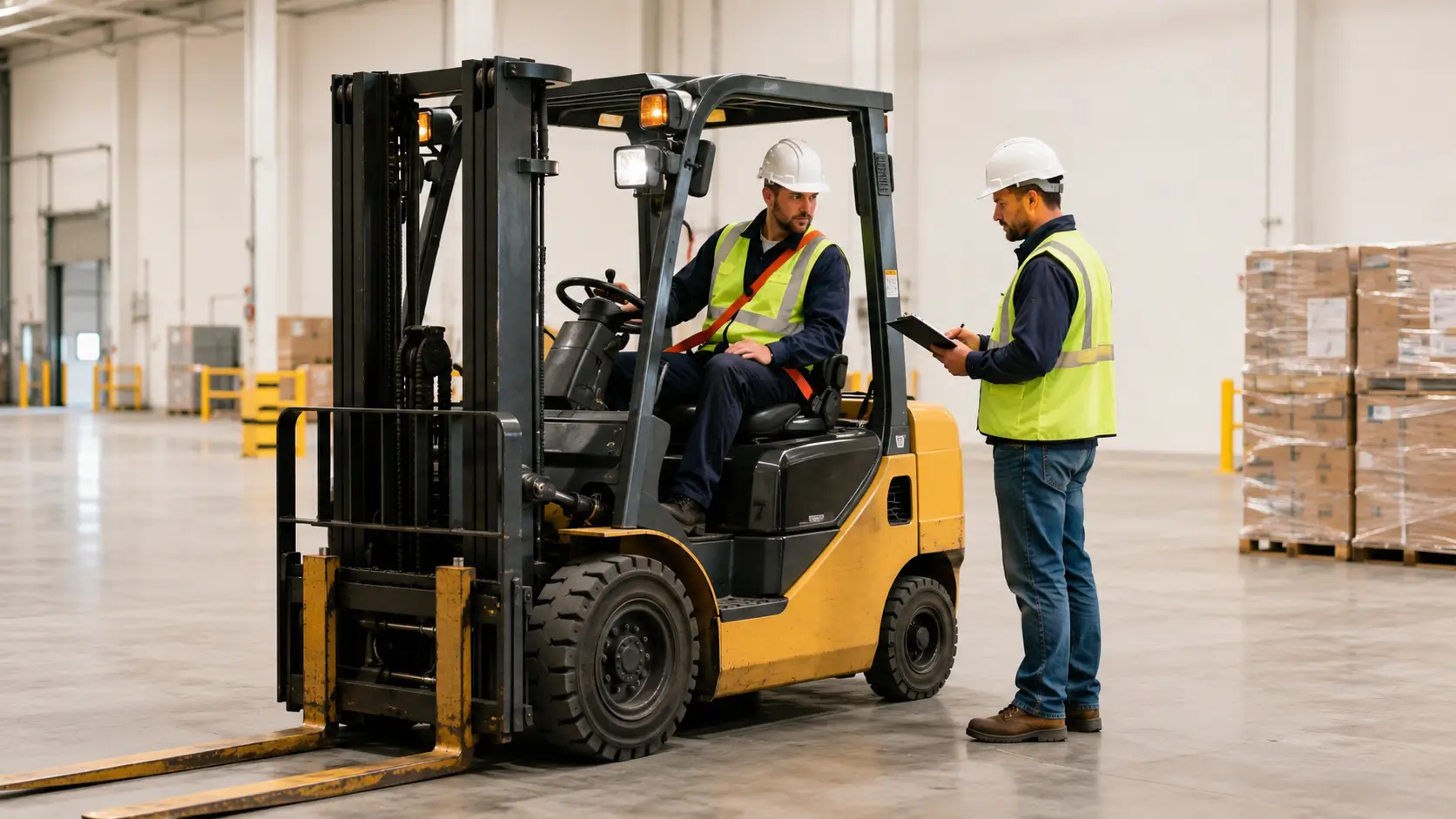 Worker on forklift and supervisor with clipboard wearing hard hats and vests in a warehouse.