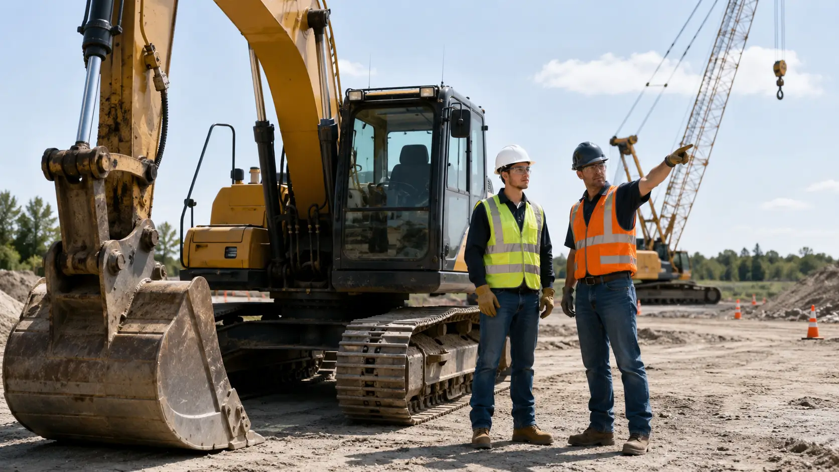 Two construction workers in safety vests and helmets stand near heavy equipment on a dirt site.