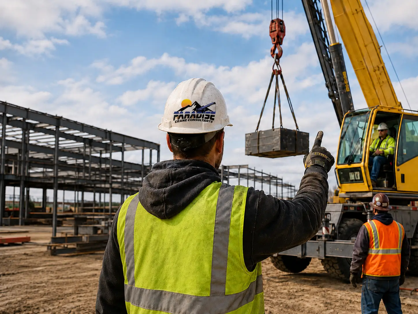 Construction workers guide a crane lifting a heavy load at an industrial site with steel framework.
