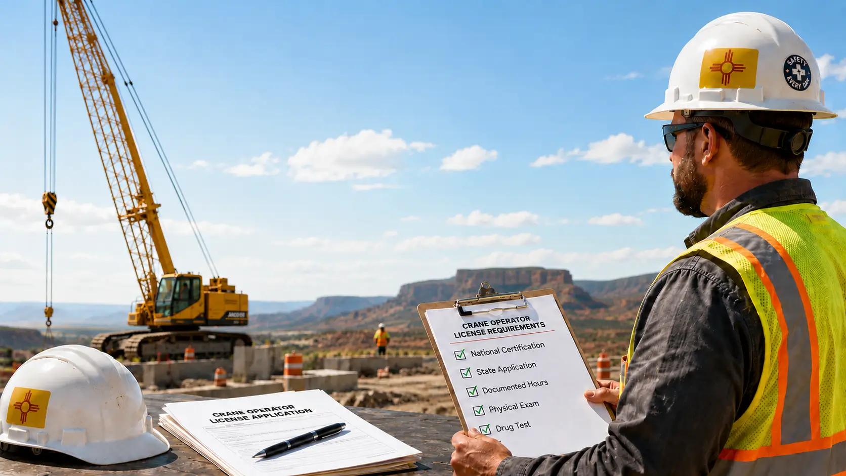 Construction worker in safety gear checking crane operator license requirements clipboard on site with crane.