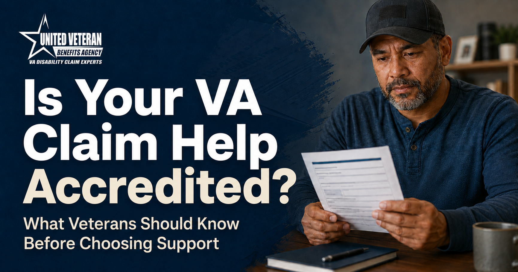 “Veteran reviewing VA claim paperwork for an article about choosing VA claim support.”