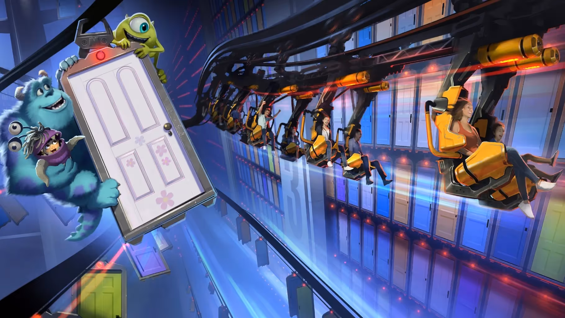 Concept de l'interieur du suspended coaster Monsters, Inc. à Monstropolis / © Disney/Pixar
