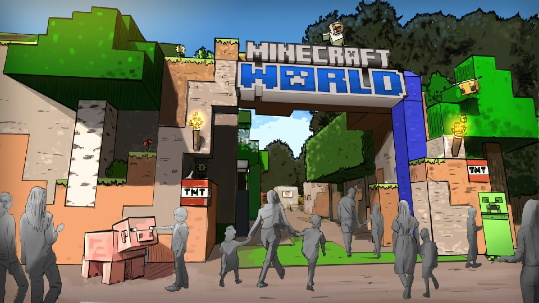 Concept art de l'entrée de la zone Minecraft World à Chessington / © Merlin Entertainments & Mojang