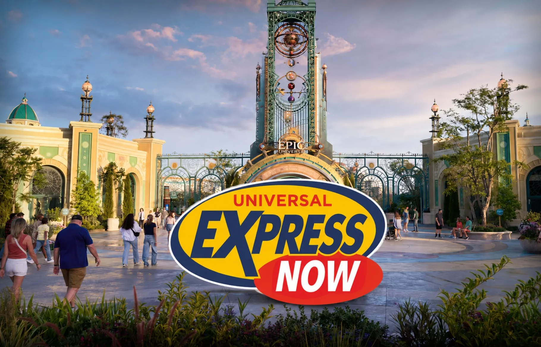 Logo du Universal Express Now sur un visuel de l'entrée du parc Epic Universe / © Universal Studio