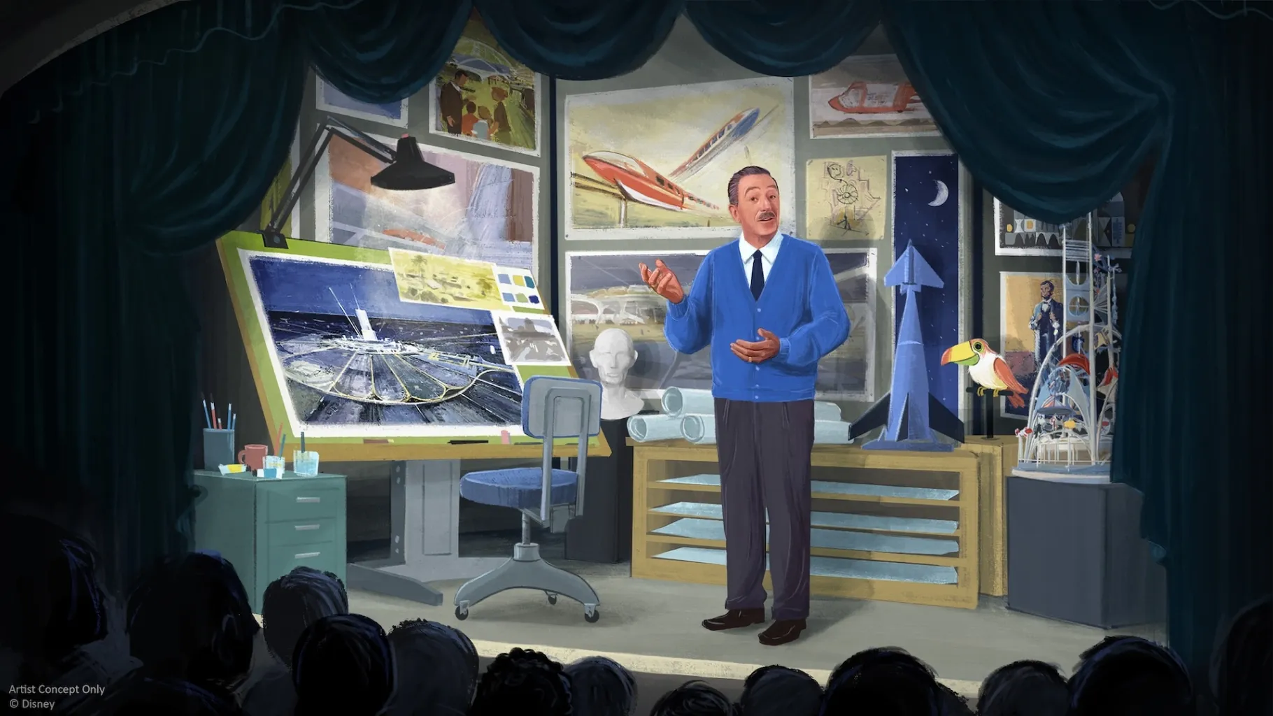Concept art de la nouvelle scène consacrée à Walt Disney dans Walt Disney’s Carousel of Progress / © Walt Disney World