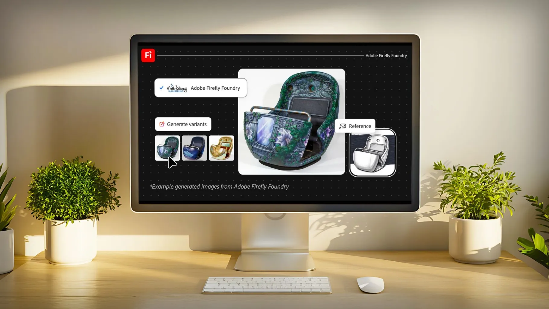 Interface Adobe Firefly Foundry appliquée à un concept de véhicule d’attraction Disney / © Adobe & Disney