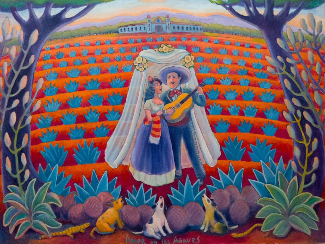 Colorful Mexican folk painting of a couple in traditional attire standing among blue agave fields, the man playing guitar as dogs watch, symbolizing love and culture in Jalisco.