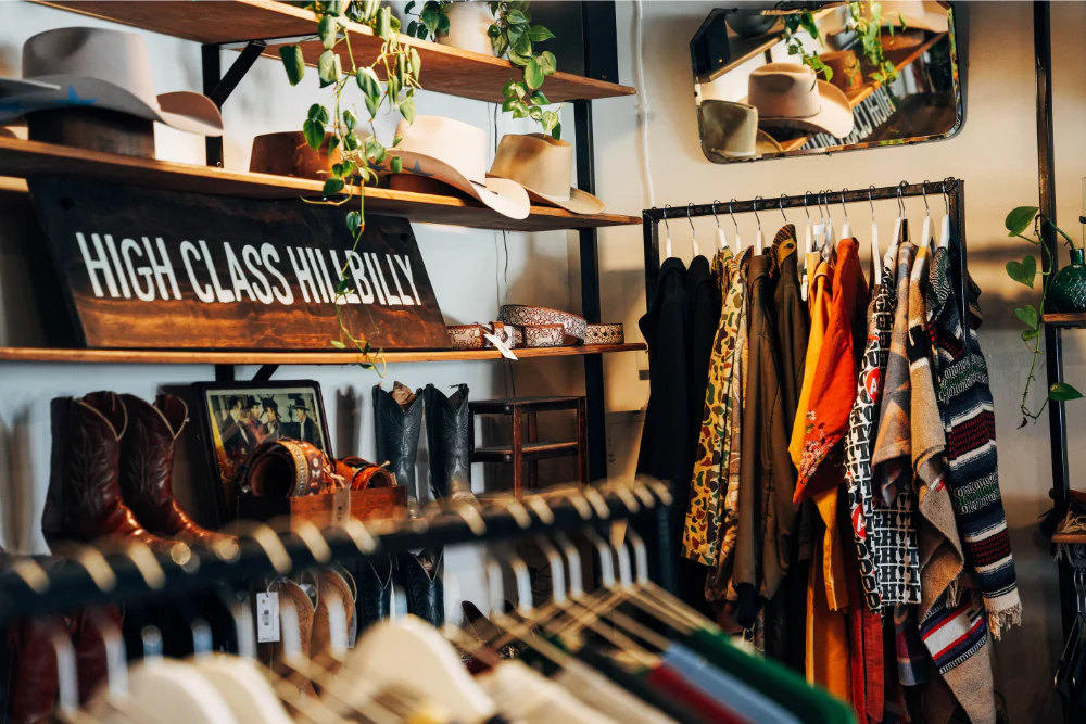 Vintage boutique interior with western-style boots, cowboy hats, and colorful patterned jackets hanging on a rack beneath a rustic ‘High Class Hillbilly’ sign and green plants.