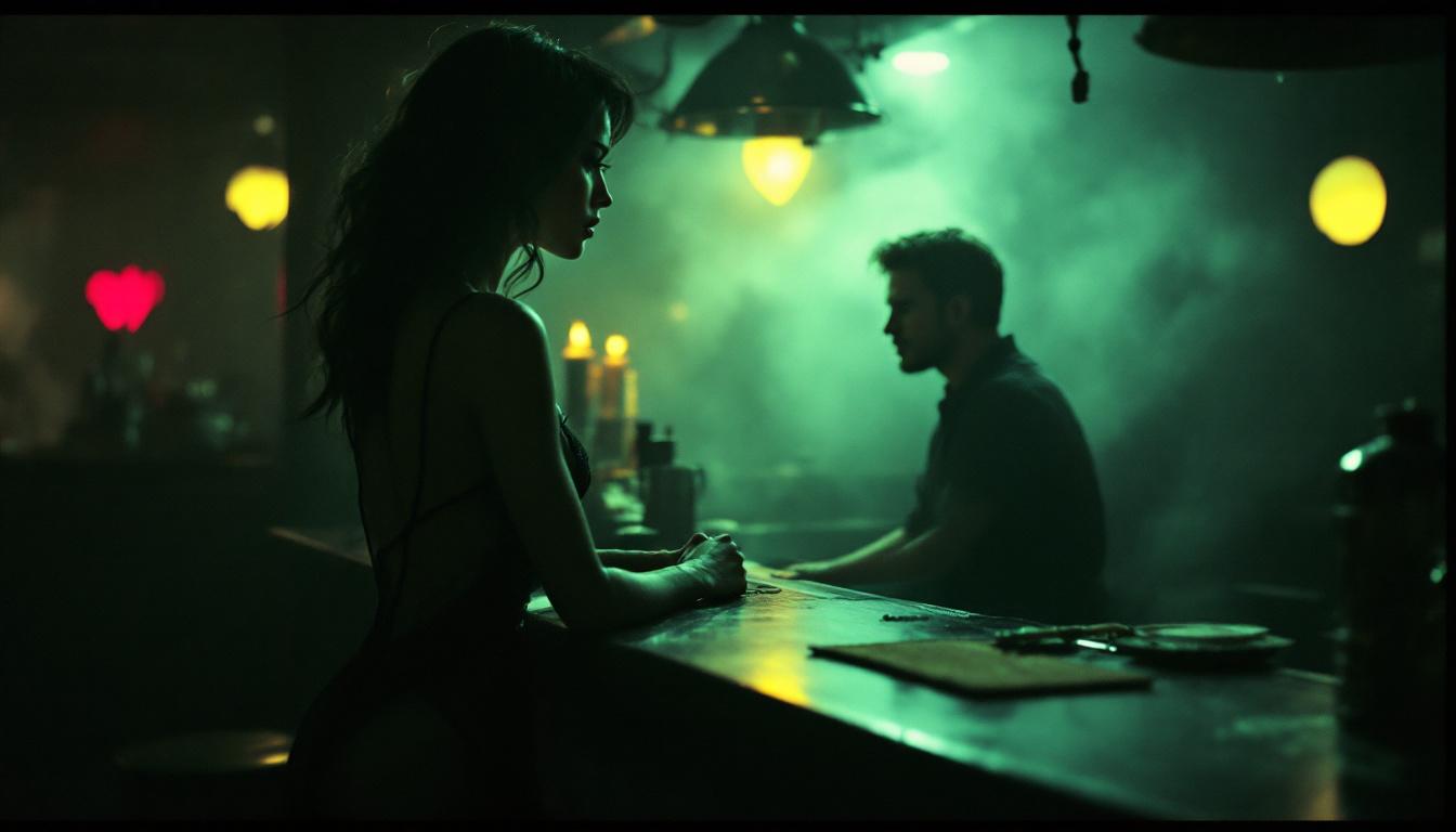 A woman in a sheer black dress leans against a dimly lit bar counter, exchanging an intense gaze with a man in a dark shirt across the smoky underground club.