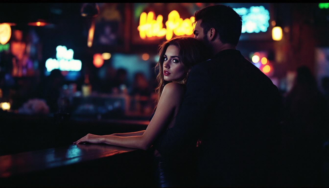 A woman in tight black leather leggings and a sheer top leaning against a dimly lit bar counter, looking over her shoulder at a man standing close behind her.