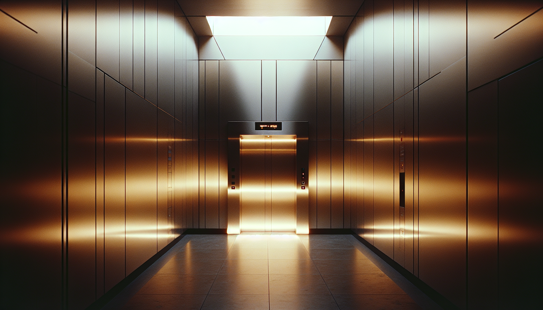 Modern office elevator with brushed steel walls, warm dimmed overhead light, faint reflection on polished surfaces, late evening
