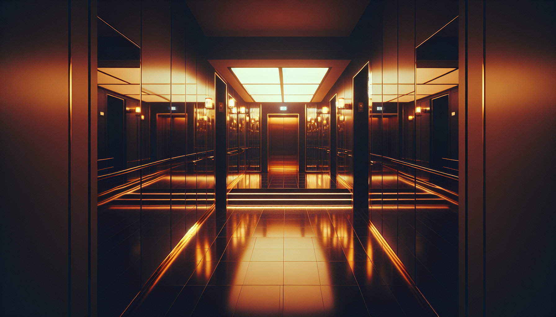 Dimly lit hotel elevator with mirrored walls, warm amber lighting, late evening atmosphere, sleek and intimate