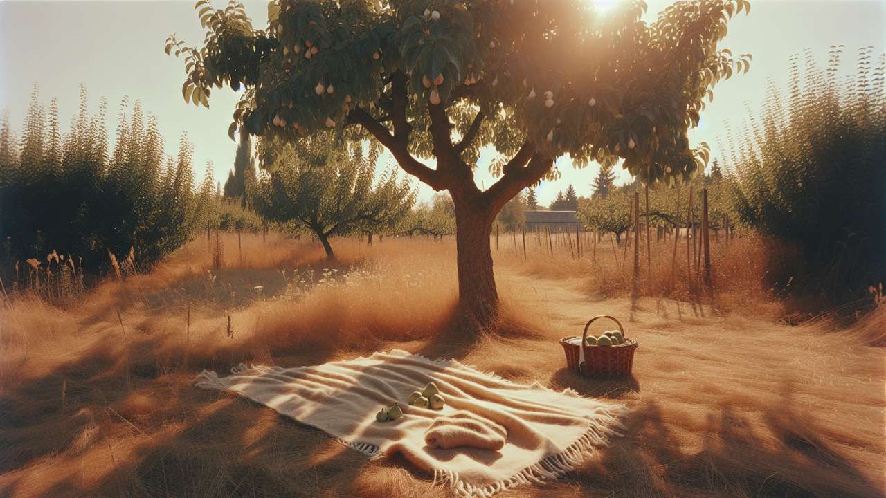 Sun-drenched garden in late August, warm golden light on dry grass, a wool blanket spread beneath a pear tree, lazy afternoon