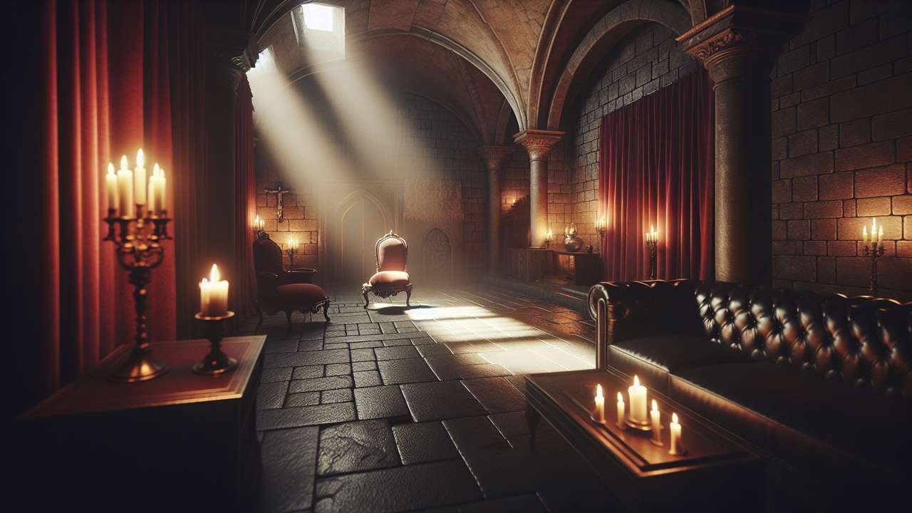 dimly lit dungeon room, red velvet curtains, candlelight flickering on stone walls, leather furniture, dark and commanding mood