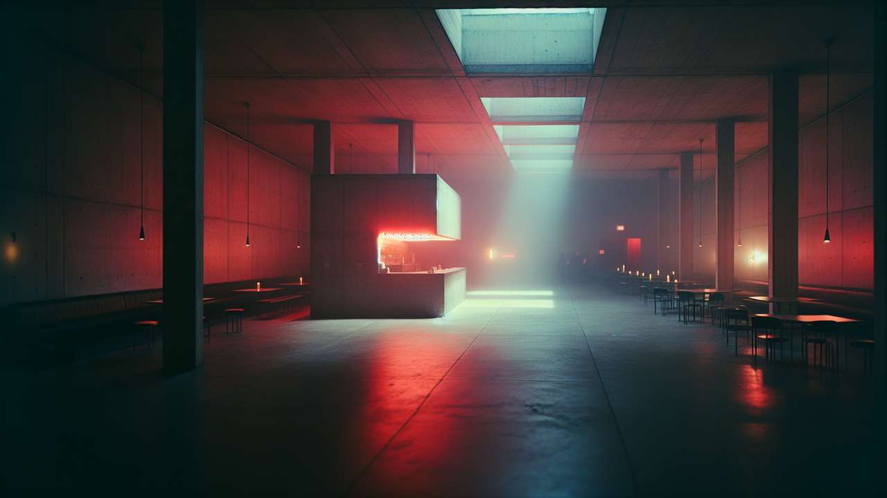 dark Berlin underground club, concrete walls, red neon glow, fog machine haze, deep bass atmosphere, nighttime