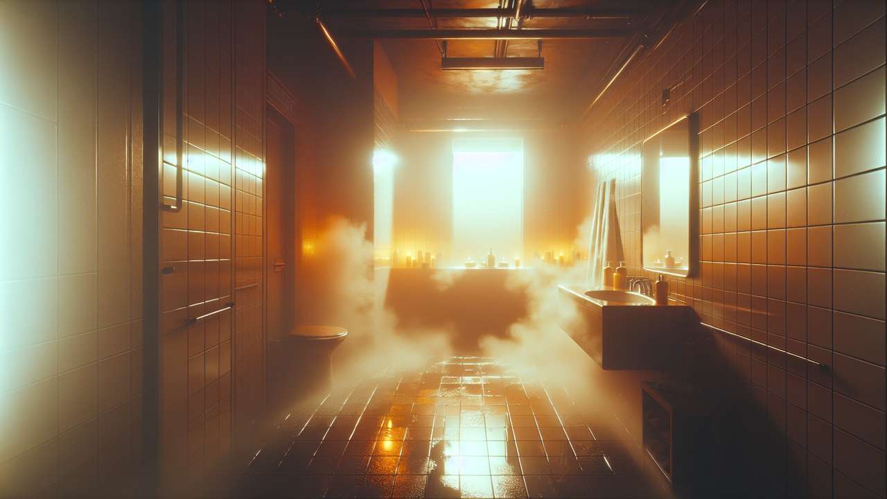steamy bathroom at night, warm amber light, fogged mirror, wet tile floor, intimate and humid atmosphere
