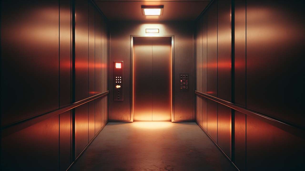 Dimly lit elevator cabin stuck between floors, emergency light casting warm red glow, confined metallic space, tense atmosphere