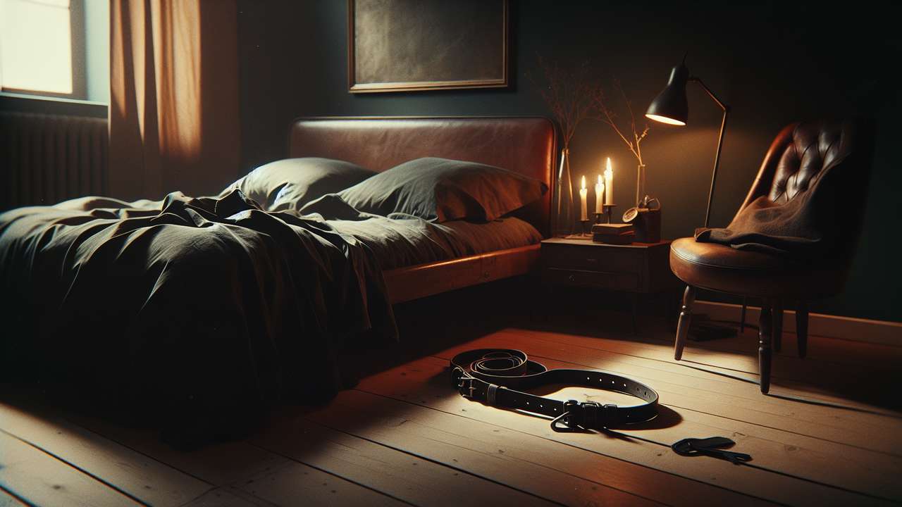 dimly lit bedroom at night, amber candlelight on dark sheets, leather harness on nightstand, warm intimate atmosphere