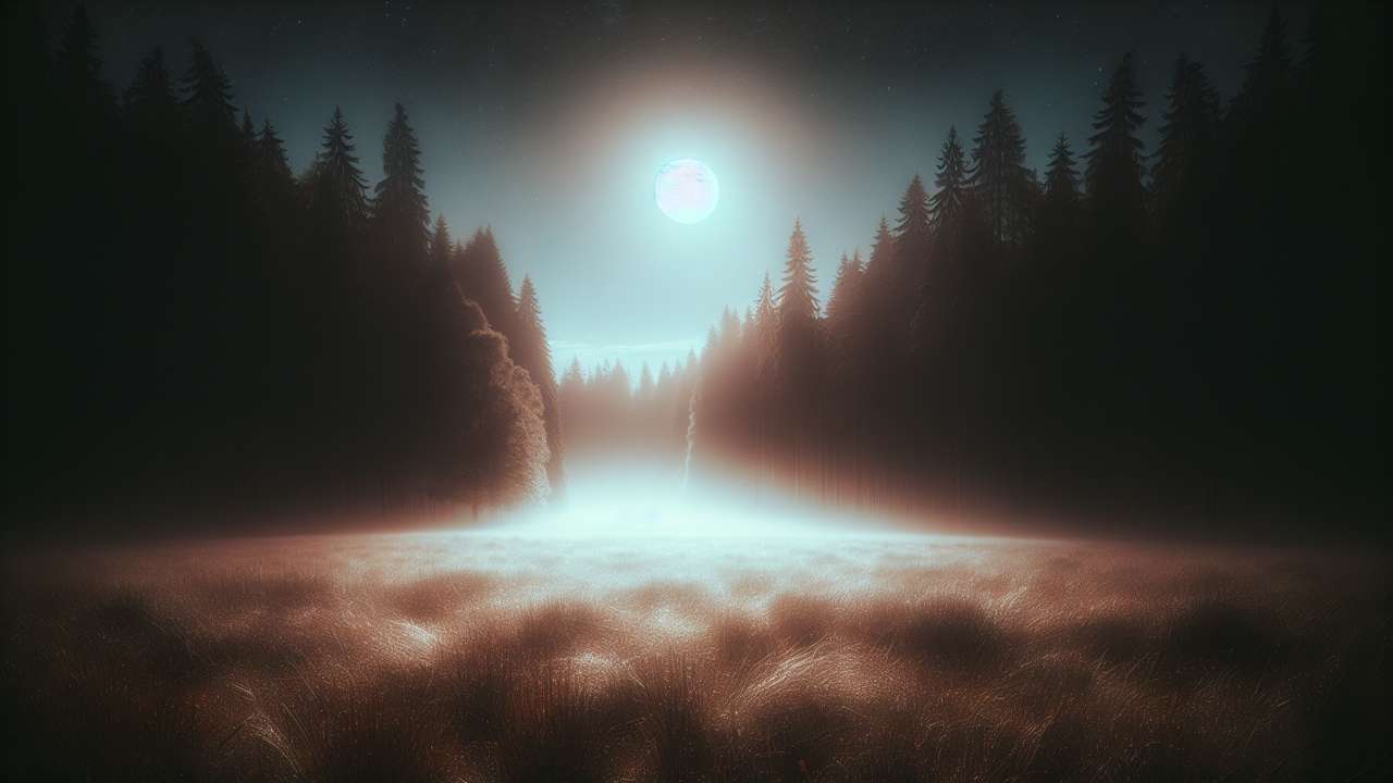 moonlit clearing in a dense forest at night, silver light on wet grass, mist between dark trees, forbidden atmosphere