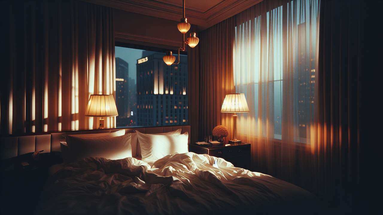 dimly lit luxury hotel room at night, amber lamplight on white sheets, curtains half open, city glow outside, intimate mood