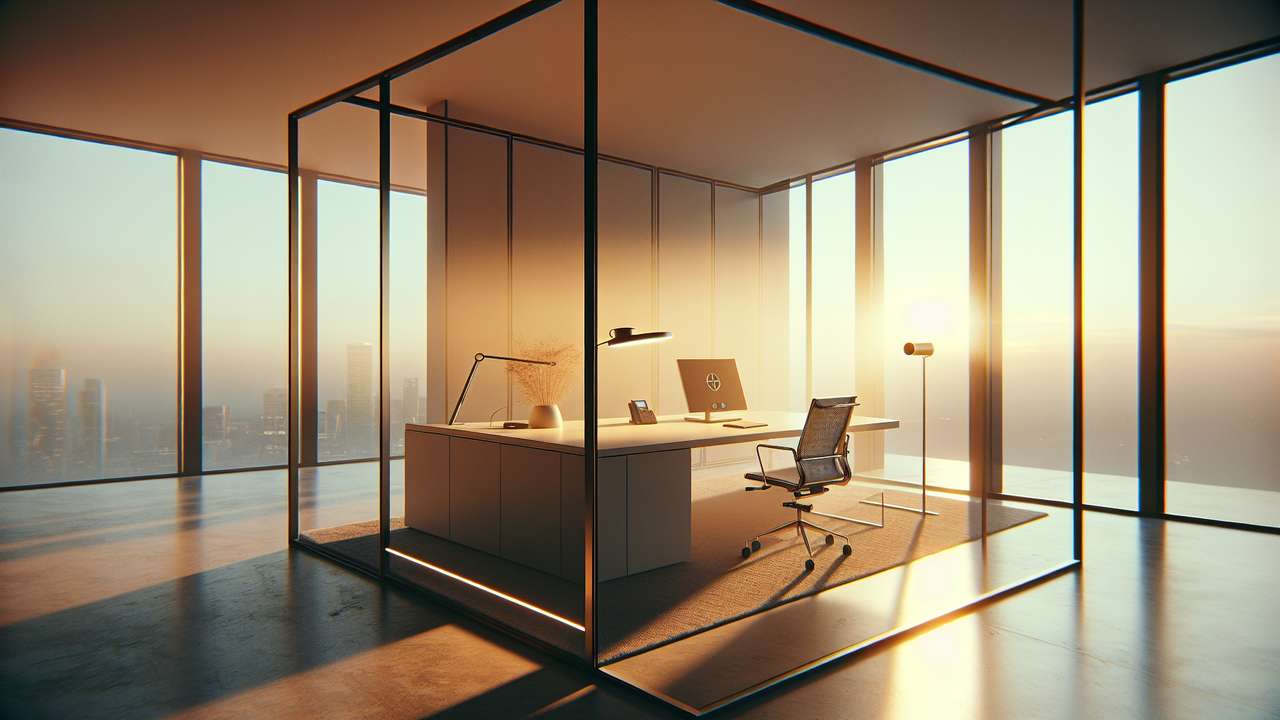 modern corner office, glass walls with half-closed blinds, late afternoon golden light, conference call speaker glowing on a large desk