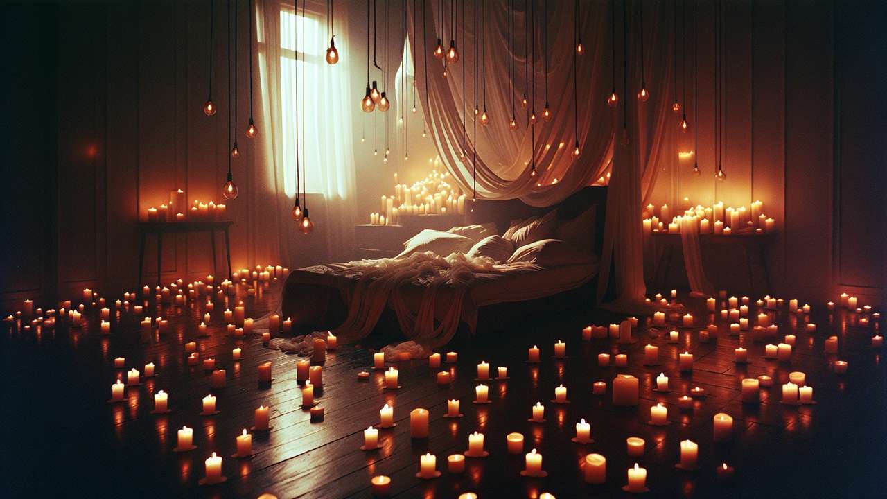 dimly lit bedroom, dozens of flickering candles on dark wooden floor, silk ropes on a bed, warm amber glow, intimate and mysterious