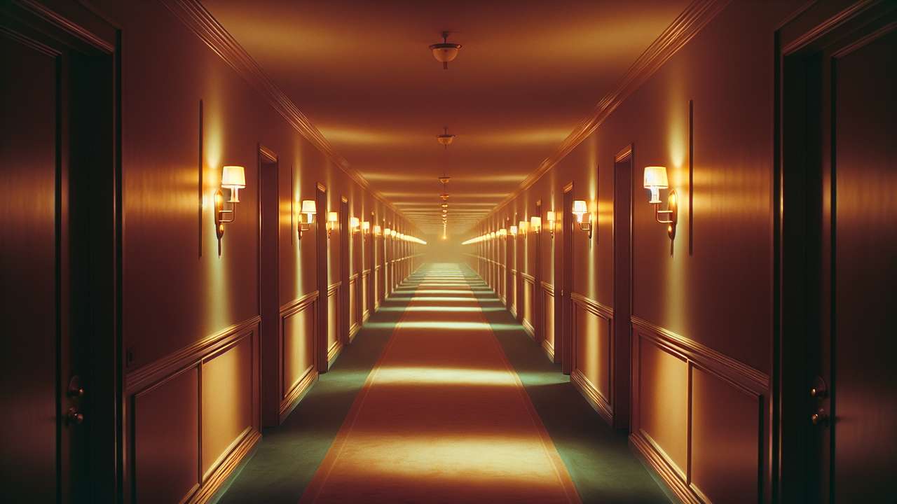 dimly lit hotel corridor at night, warm amber wall sconces, long carpet, shadows between doorways, secretive atmosphere