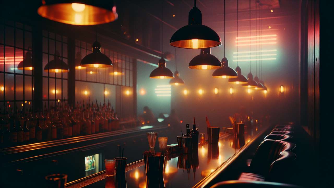 dimly lit cocktail bar at night, amber lighting on dark leather surfaces, neon glow reflecting off polished countertop, smoky mood