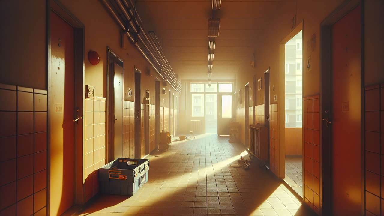 narrow apartment hallway, summer afternoon, warm golden light through a dusty window, toolbox on the floor, humid air