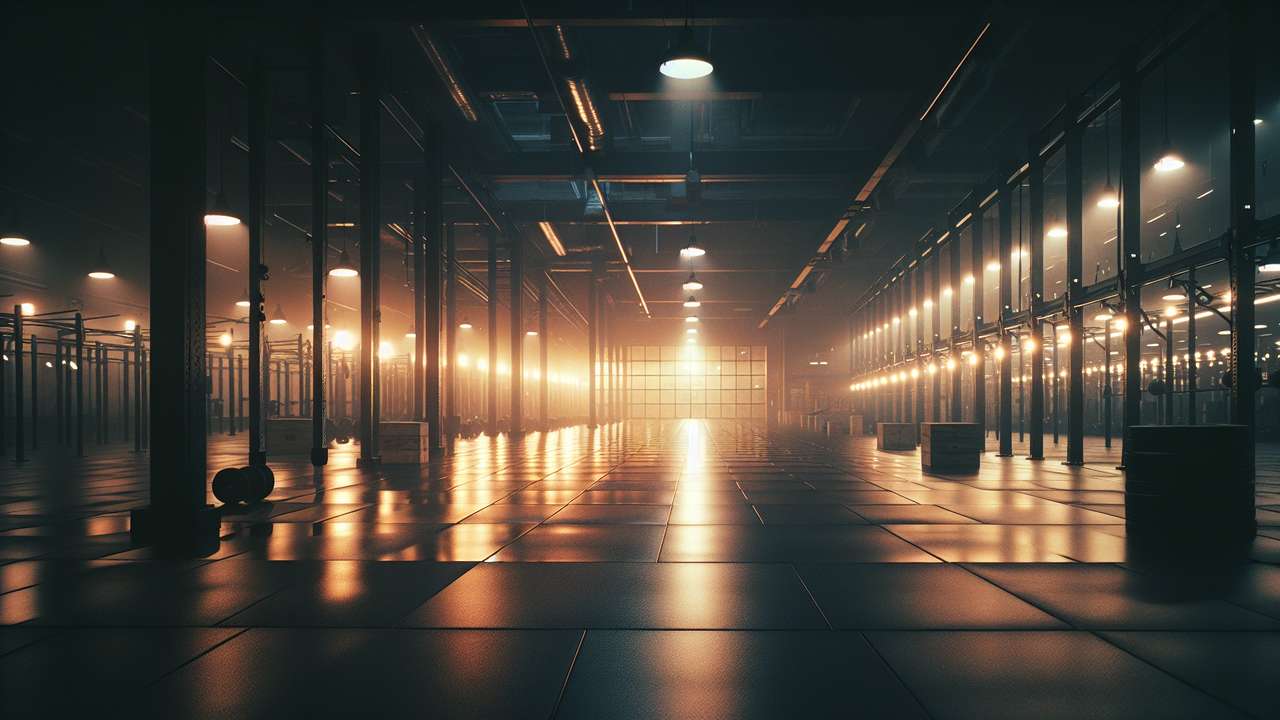 dimly lit empty gym after hours, mirrored walls reflecting warm overhead lights, rubber floor, humid atmosphere