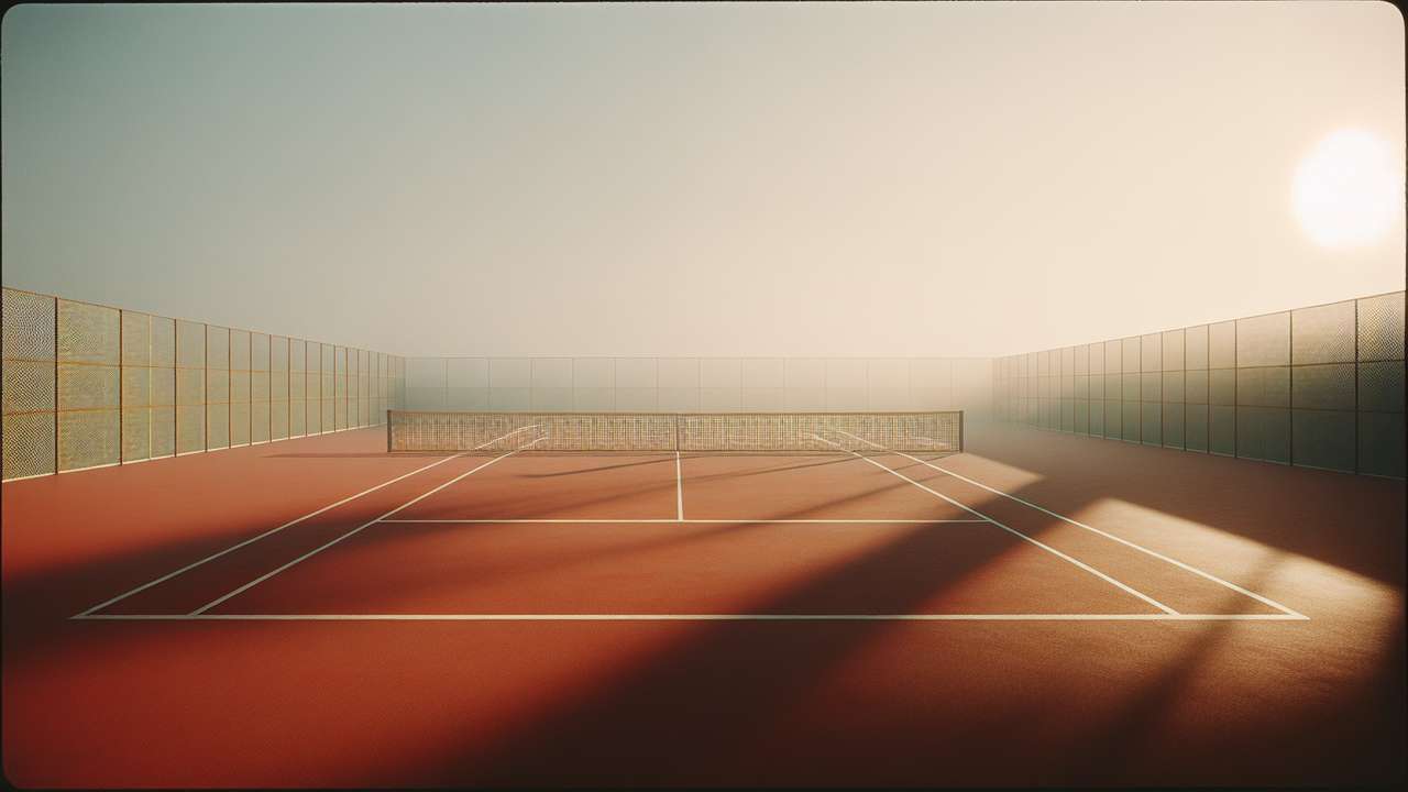 empty tennis court in golden late afternoon sun, white lines on red clay, net casting long shadows, warm hazy atmosphere