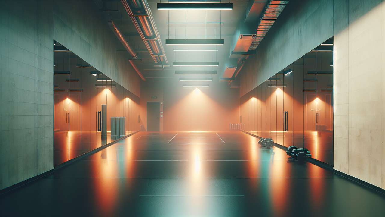 dimly lit empty gym after hours, mirrored walls reflecting fluorescent light, rubber floor, humid air, steam visible