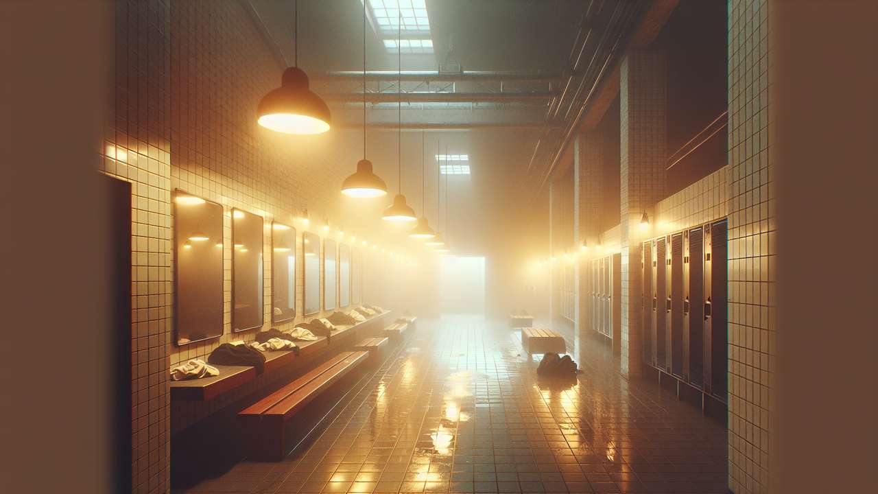 dimly lit gym changing area at night, humid air, foggy mirrors, warm overhead lights, sweaty atmosphere