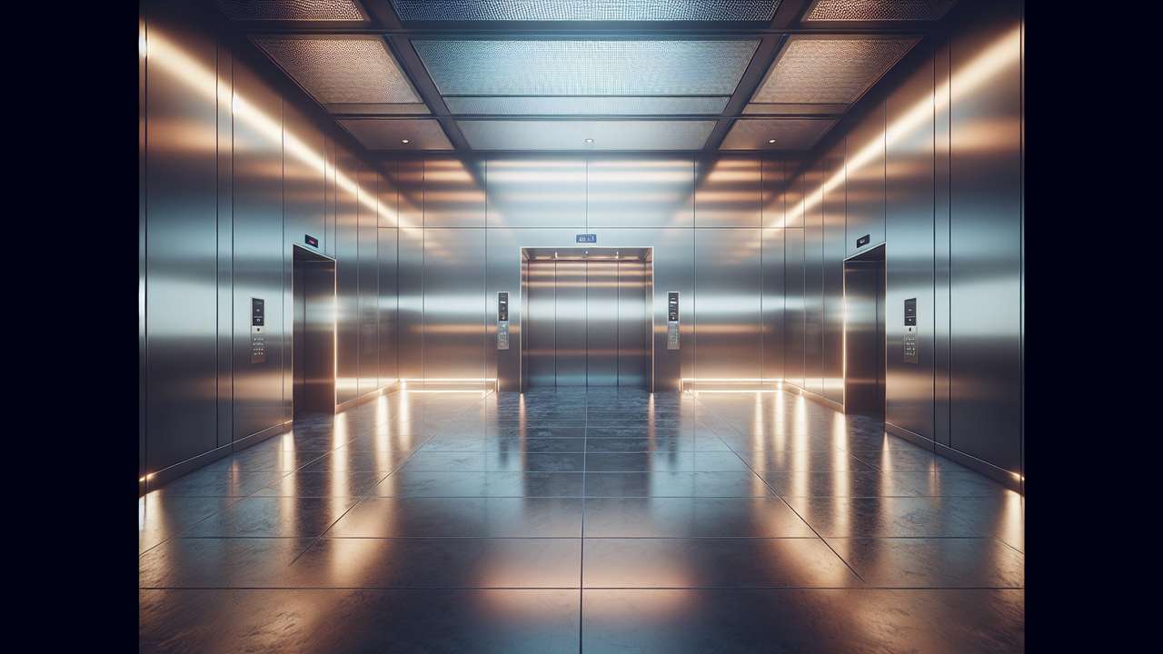 sleek corporate elevator interior, polished steel walls, dim overhead light, late evening, tense intimate atmosphere
