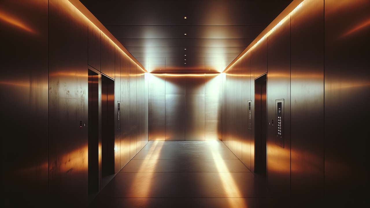 Narrow modern elevator interior, dim warm overhead light, brushed steel walls reflecting soft glow, late evening atmosphere