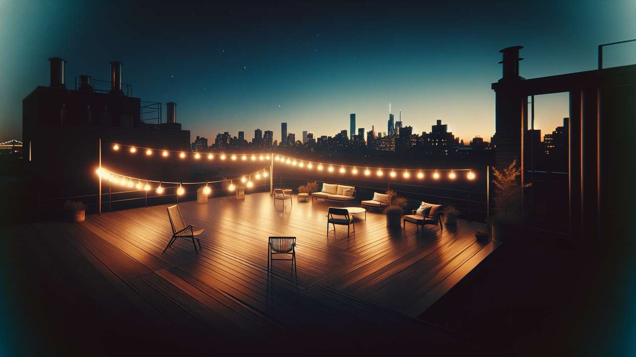 Urban rooftop terrace at night, string lights glowing faintly, city skyline in the distance, warm summer darkness