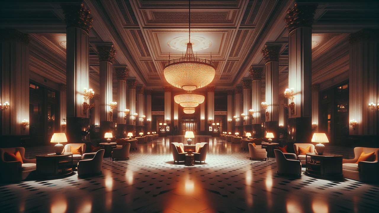 Grand hotel lobby at night, warm amber chandelier light, marble floors, deep armchairs, quiet and luxurious atmosphere