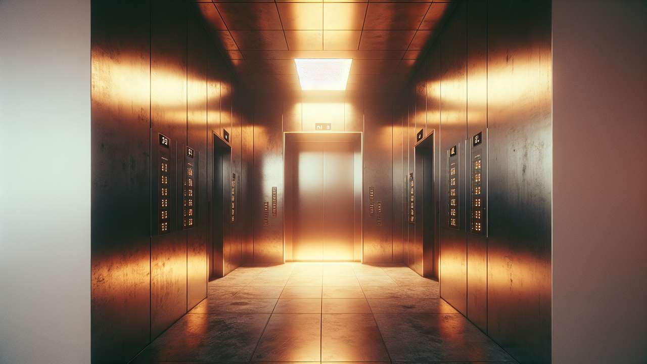 Dimly lit elevator interior, brushed steel walls reflecting warm amber light, floor numbers glowing softly, confined intimate space