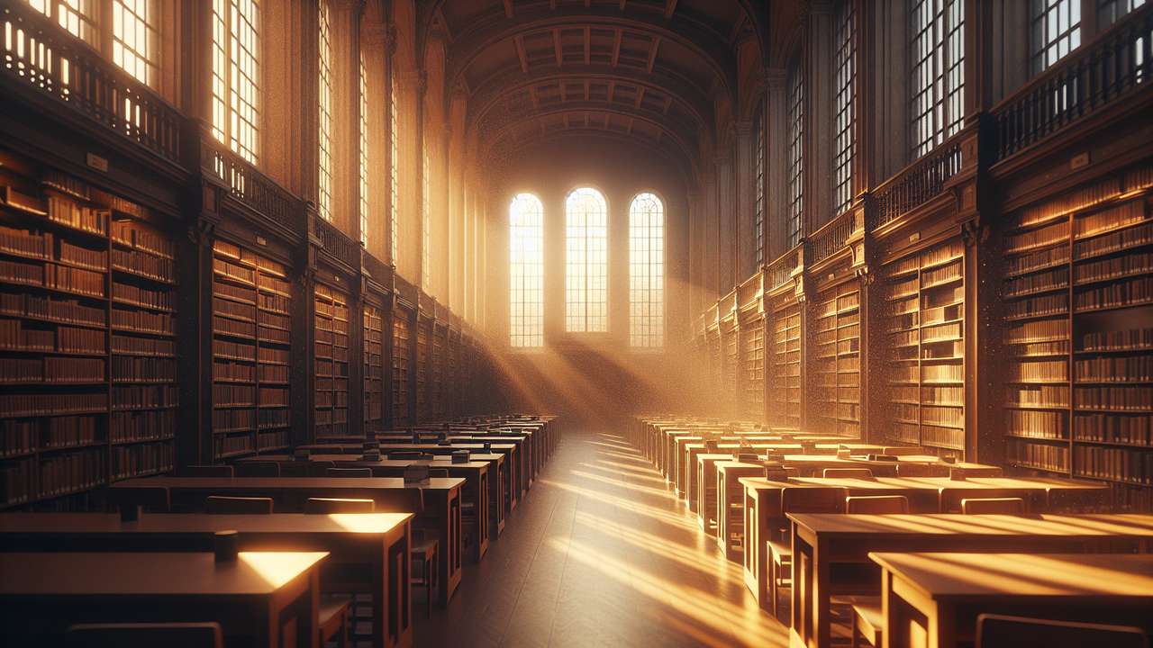 quiet university library reading room, late afternoon golden light through tall windows, dust particles in warm air, rows of old bookshelves